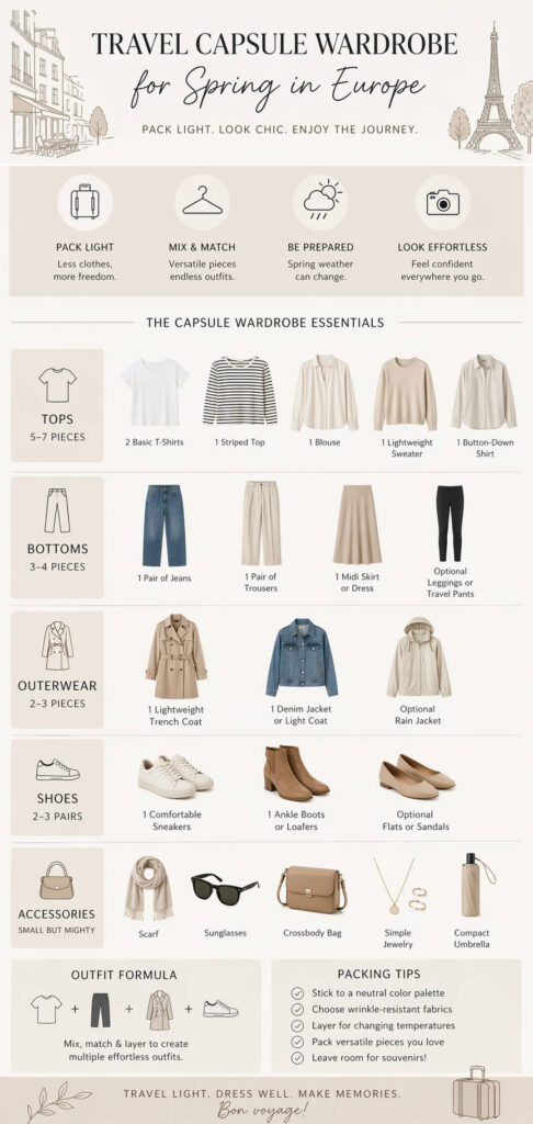 travel capsule wardrobe for spring in Europe